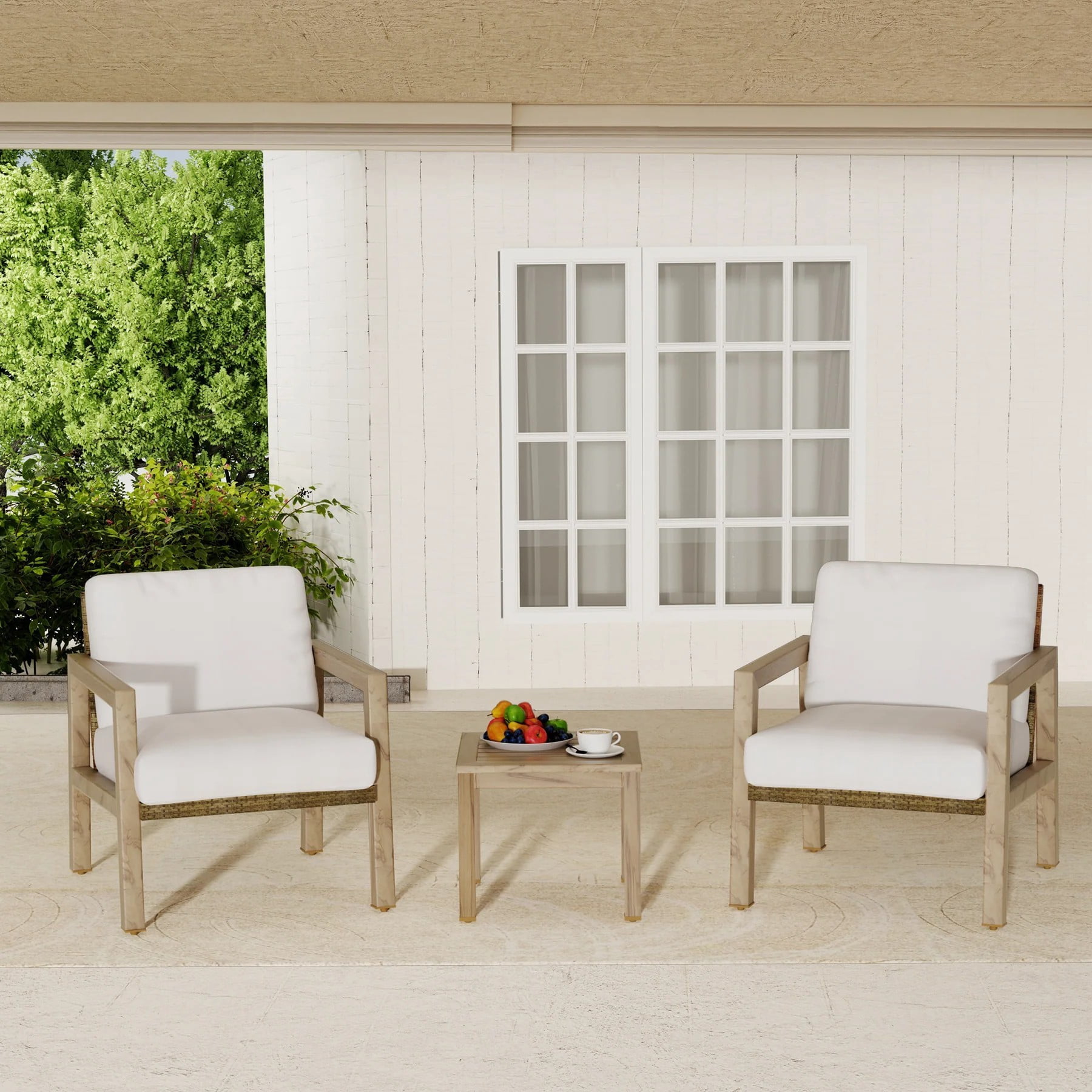 3-Piece Outdoor Patio Bistro Set, Aluminum Chairs with Wicker Back & Cushions, Woodgrain Side Table Conversation Set for Garden Balcony Porch