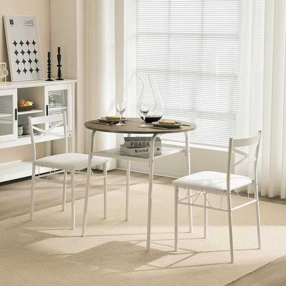 LEHOME 3 Piece Round Dining Set,29.5" Small Dining Table Set for 2,Round Kitchen Table with 2 Chairs Set for Small Space/Dining Room/Apartment,Upholstered Chairs,Metal Frame,Storage Shelf (White)