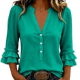 thumbnail image 2 of ClodeEU Women's V Neck 3/4 Sleeve Linen Blend Henley Button Blouse with Ruffle Cuffs ,Casual Loose Fit Vintage Top Blue,Women's Plus XL, 2 of 7