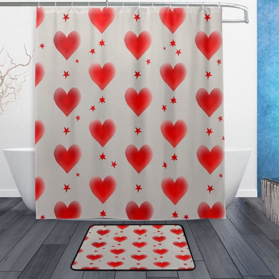 TTYFWHD 60" x 72" Shower Curtain and Bath Mat Set Blush Red Love Design Waterproof Bathroom Curtain with 12 Hooks, Bathroom Decor Set