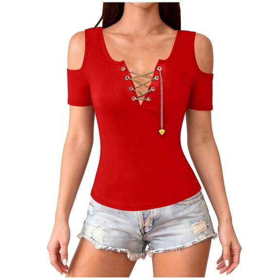 DxhmoneyHX Womens Cold Shoulder Short Sleeve Shirts Lace-Up V Neck Fitting Tops Stretchy Bodycon Casual Summer Streetwear