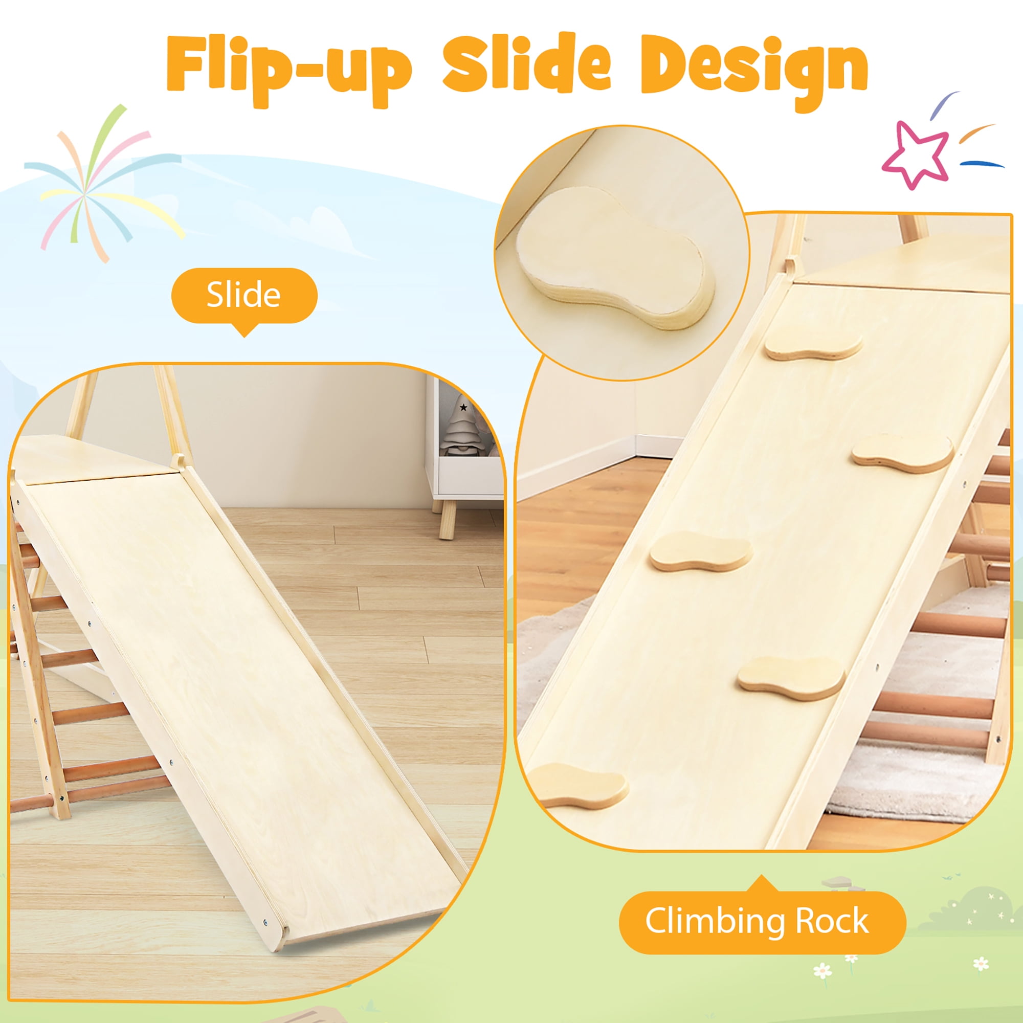 Gymax 5-in-1 Kids Indoor Playground w/ Slide Climbing Rock Adjustable Swing Wooden