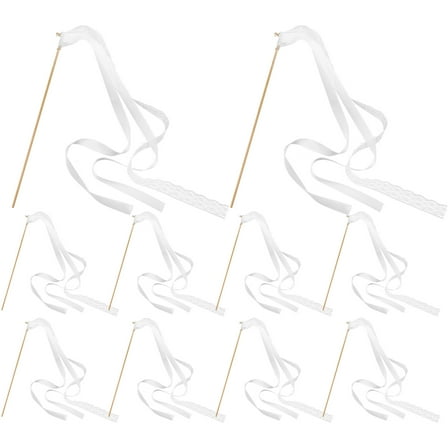 10pcs White Wedding Ribbon Streamers with Fairy Stick and Golden Bell Party Supplies, Wedding Decor, Celebration Favors, Cheer Props