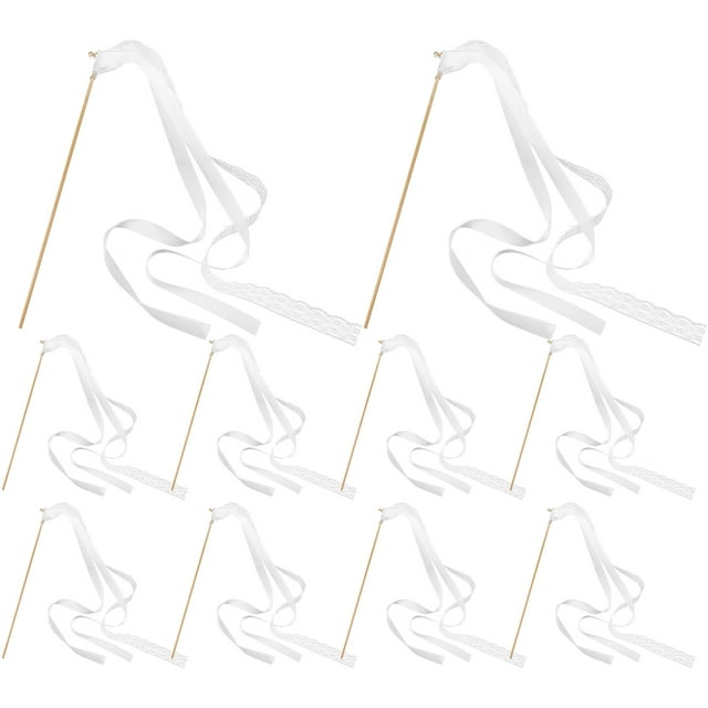 CIMAXIC 10pcs White Wedding Delicate Ribbon Streamers Fairy Stick Cheer Props Party Supplies Favors With Golden Bell Random Style,11.81"X0.2"X0.2"