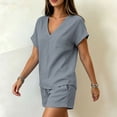 thumbnail image 4 of Pounoo Sets for Women 2 Piece V Neck Short Sleeve Top Elastic Waist Shorts Casual Summer Beach Vacation Matching Outfits, 4 of 9