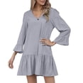 thumbnail image 1 of AherBiu Robes en Coton et Lin pour Femmes Manches 3/4 Col en V à Volants Droites Été Décontractées Amples Courtes, 1 of 6