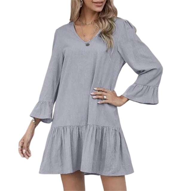 AherBiu Robes en Coton et Lin pour Femmes Manches 3/4 Col en V à Volants Droites Été Décontractées Amples Courtes