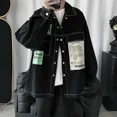 thumbnail image 2 of Abrigos de mezclilla para hombre, camisas negras de manga ancha, chaqueta vaquera para hombre, empalmada, larga, ropa popular coreana, precio barato, estética elegante G, 2 of 5