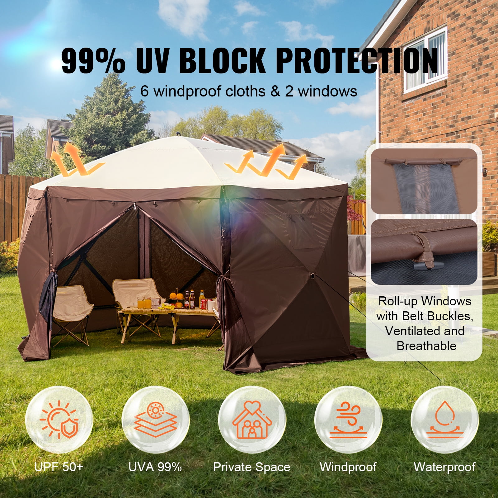 KFFKFF Pop-Up Gazebo Tent, 6-Sided Canopy Sun Shelter with Removable Privacy Panels & Mesh Windows, 12.5x12.5FT Quick Setup Screen Tent with Mosquito Netting, Brown