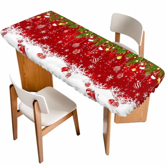 Christmas Table Cloths for 8 Foot Rectangle Tables, Red Xmas Weeping Balls Green Branches Snowflakes Patio Waterproof Elastic Fitted Tablecloths, Washable Rectangular Table Cover for Camping