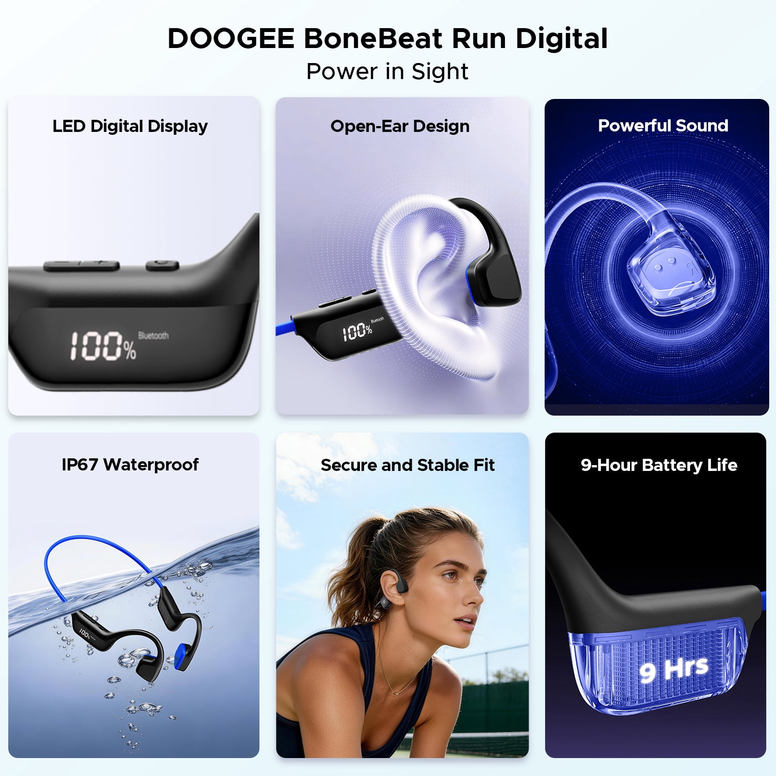 Doogee Bone Conduction Headphones, IP67 Waterproof Open Ear Headphone with LED Power Display, 9H Bluetooth 6.0 Sports Running Headphones, Dual Device Connection for Running, Cycling, Fitness
