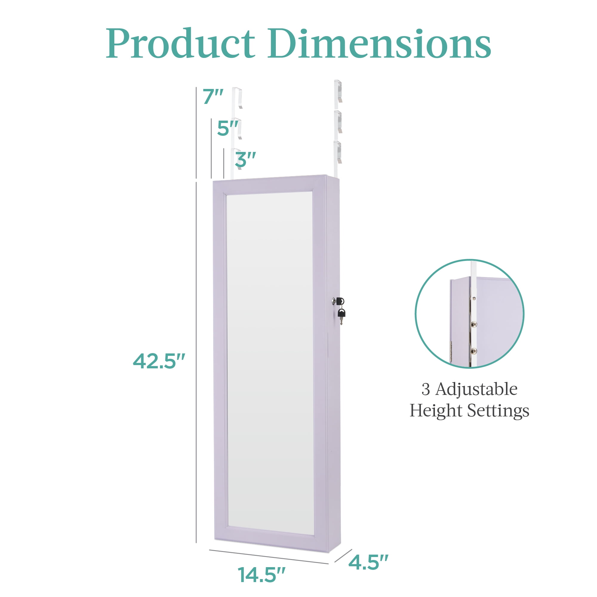 Best Choice Products Hanging Mirror Jewelry Armoire, Door or Wall Mounted Cabinet w/ LED Lights, Lock - Lavender