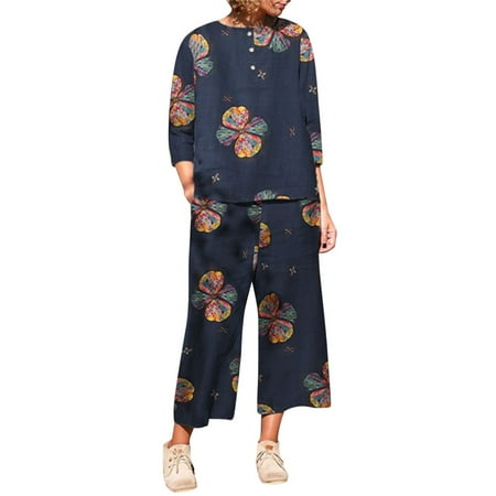 

【Outfmvch】Women Casual Printed Cotton Linen Suit Trousers Two Piece Suit