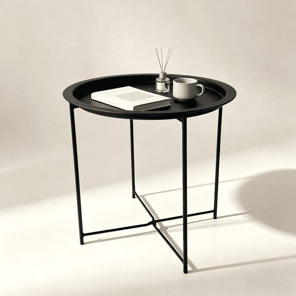 Foldable Round Tray Side Table, Heavy-Duty Full Carbon Steel Frame, Portable Accent End Table, No Assembly Required Small Coffee Table for Living Room, Bedroom, Sofa Side, Apartment & Dorm