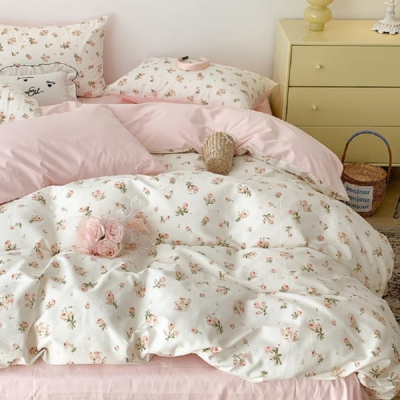 Pink Floral Reversible Duvet Cover Set Queen Size with Zipper Closure and 2 Pillowcases