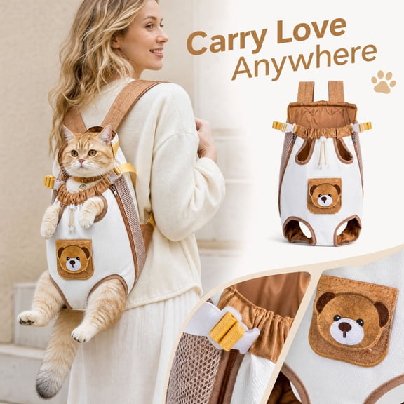 Cat Front Carrier Backpack Cute Bear Hands Free Travel Bag for Small Dogs | Breathable chest carry design with adjustable fit secure buckles and legs out support for daily outings