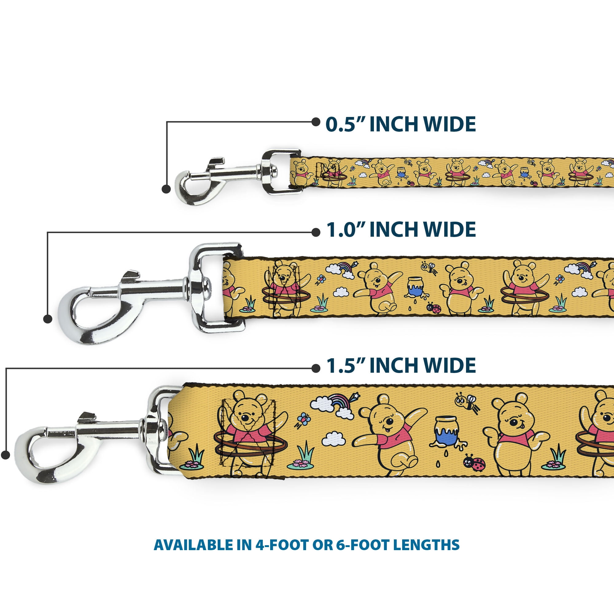 Disney Pet Leash, Dog Leash, Winnie the Pooh Happy Poses Golden Yellow, 6 Feet Long 1.0 Inch Wide