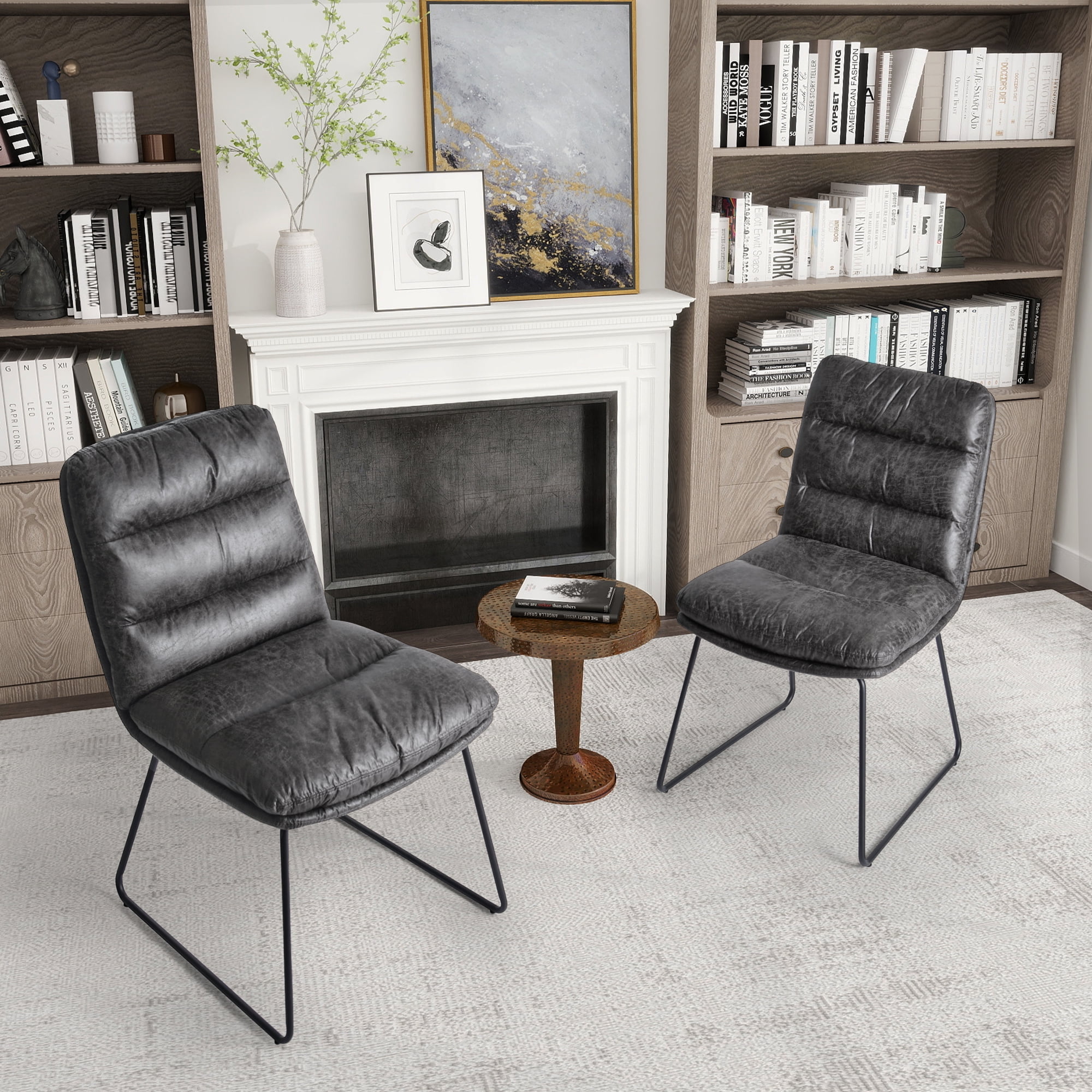 Ensemble de 2 fauteuils d'appoint sans accoudoirs Homy Casa pour salon, revêtement en similicuir capitonné, gris