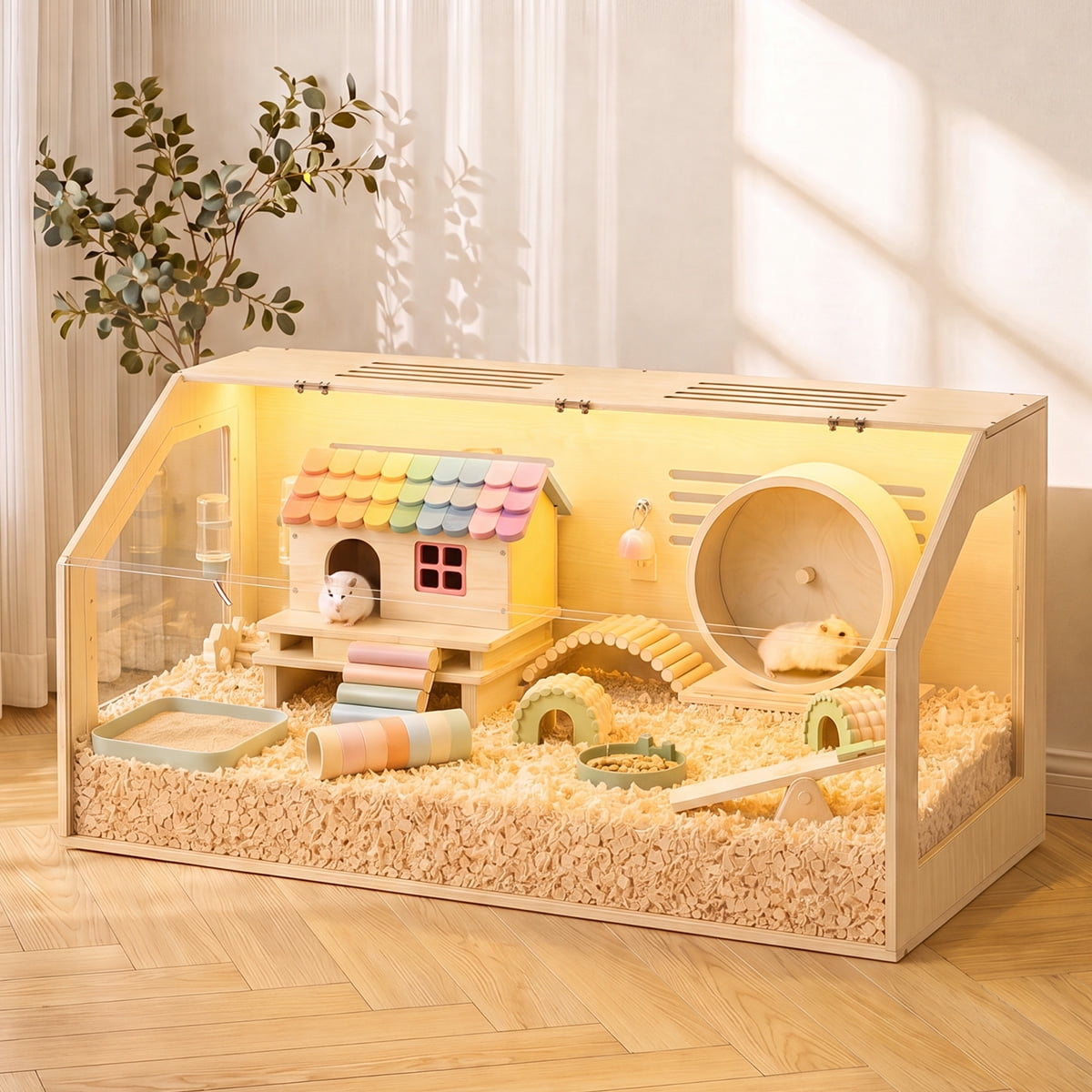 DOMIPET Hamster Cage Chewproof, 32Inch Large Hamster Cage with Panoramic View and Openable Top, Spacious Acrylic Glass Habitat for Syrian Dwarf Hamsters and Degus