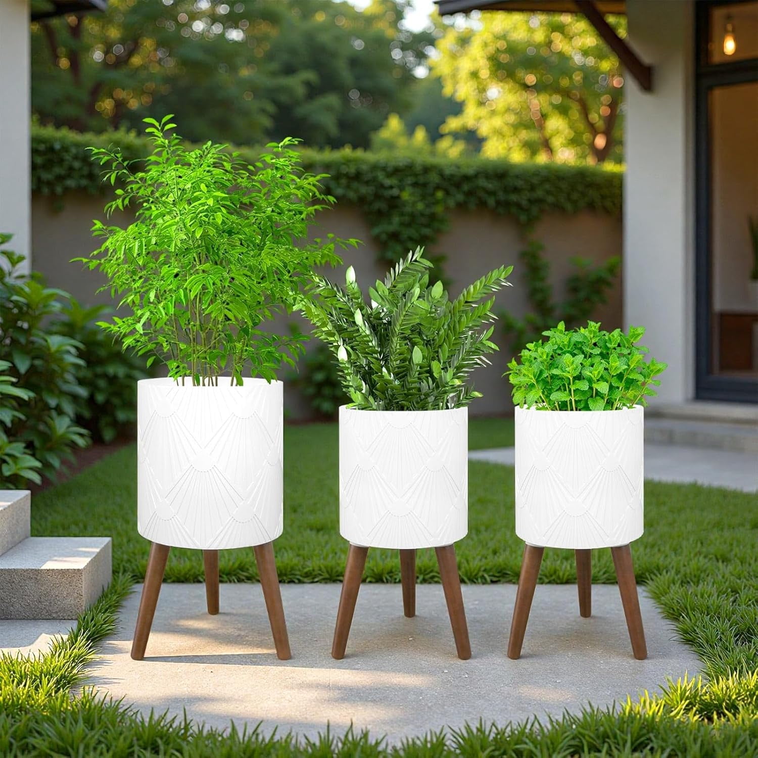 XYJBHB White Plant Pot with Stand, Large Modern Standing Planters Flower Pots for Indoor Outdoor with Drainage Holes and with Legs (Plant Not Included) 2 Pack, 10 & 12 Inches