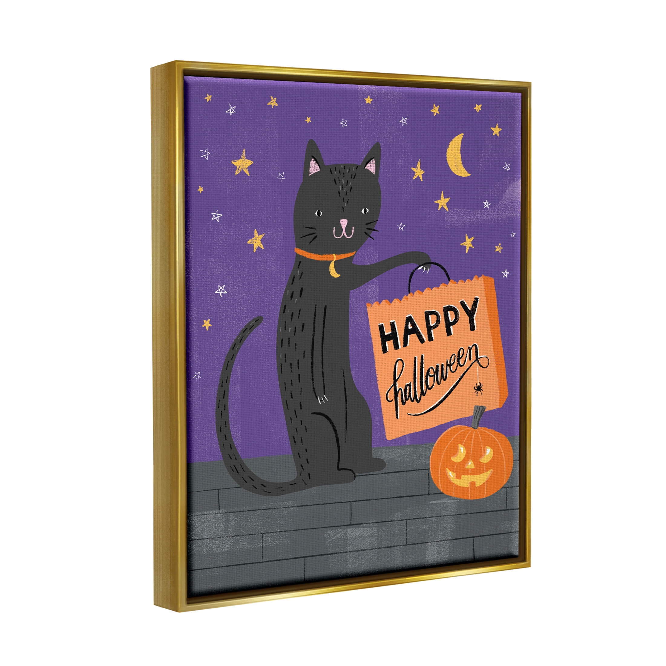 Stupell Industries Happy Halloween Black Cat Graphic Art Metallic Gold Floating Framed Canvas Print Wall Art, Design by Amanda McGee