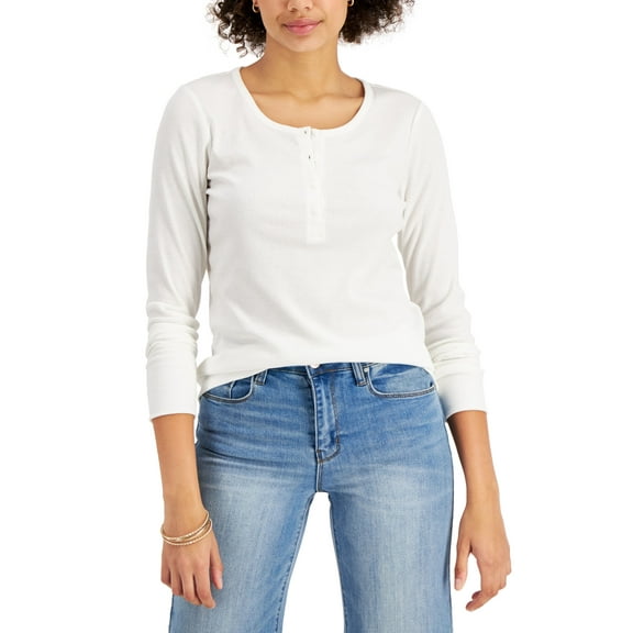 Style & Co Petite Solid Ribbed Henley Top Winter White PXL