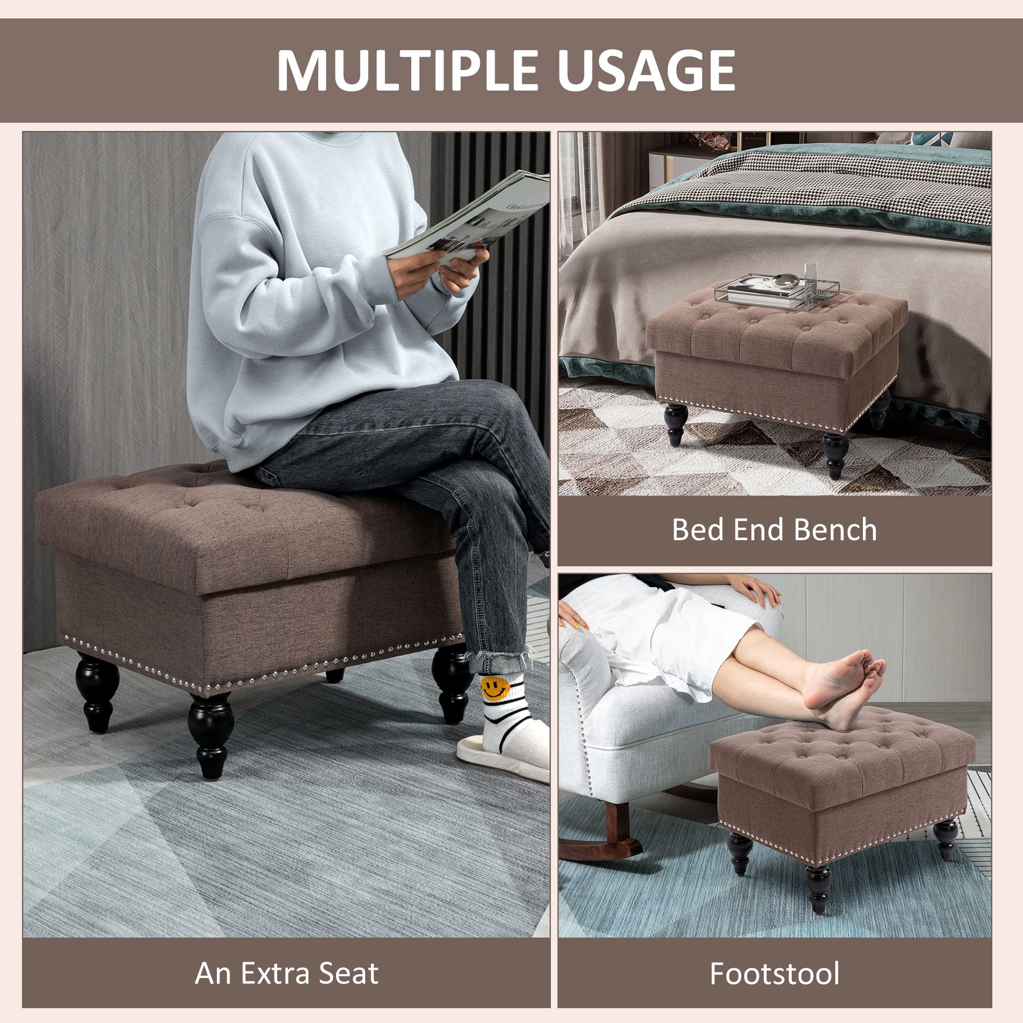 Homiyad Ottoman with Storage for Living Room, 25" Storage Ottoman with Removable Lid, Button-Tufted Fabric Bench for Footrest and Seat with Wood Legs, Coffee