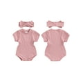 thumbnail image 3 of Aojekbee Newborn Girl Outfit, Short Sleeve Crew Neck Solid Bodysuit with Bowknot Headband Summer Clothes, 3 of 10