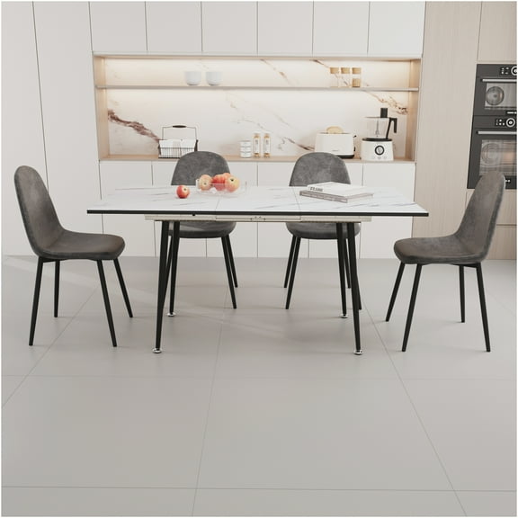 JERFIT Expandable Dining Table Set for 6, Modern Industrial Kitchen Table with 4 Upholstered Chairs, Space Saving Grey and White MDF Table and Chair Set