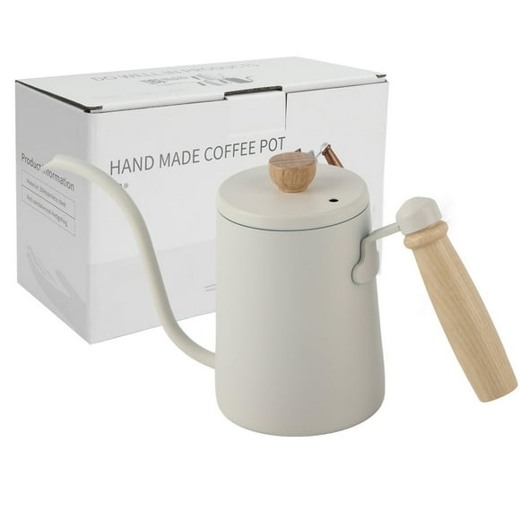 Dsseng Premium 600ML Drip Coffee Maker with Wooden Handle 304 Stainless Steel Hand Coffee Pot for Perfect Brewing - Elegant Beige Design Precise Pour Control High-Temperature Resistance