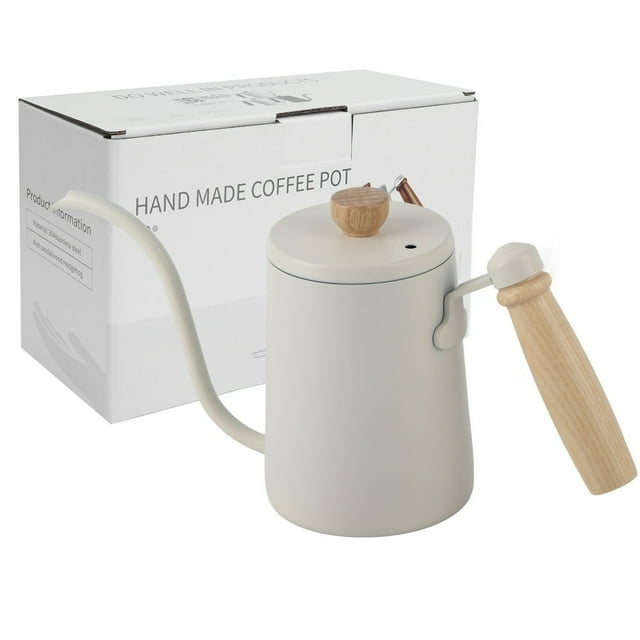 CHUANK Premium 600ML Drip Coffee Maker with Wooden Handle 304 Stainless Steel Hand Coffee Pot for Perfect Brewing - Elegant Beige Design Precise Pour Control High-Temperature Resistance