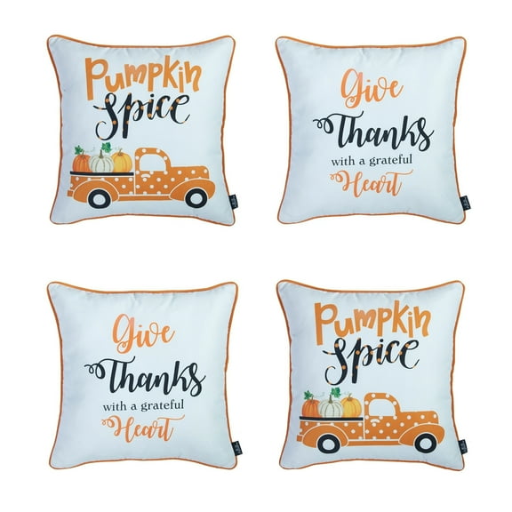 Decorative Fall Thanksgiving Throw Pillow Cover Set of 4 Pumpkin Truck & Quote 18 in. x 18 in. White & Orange Square for Couch, Bedding