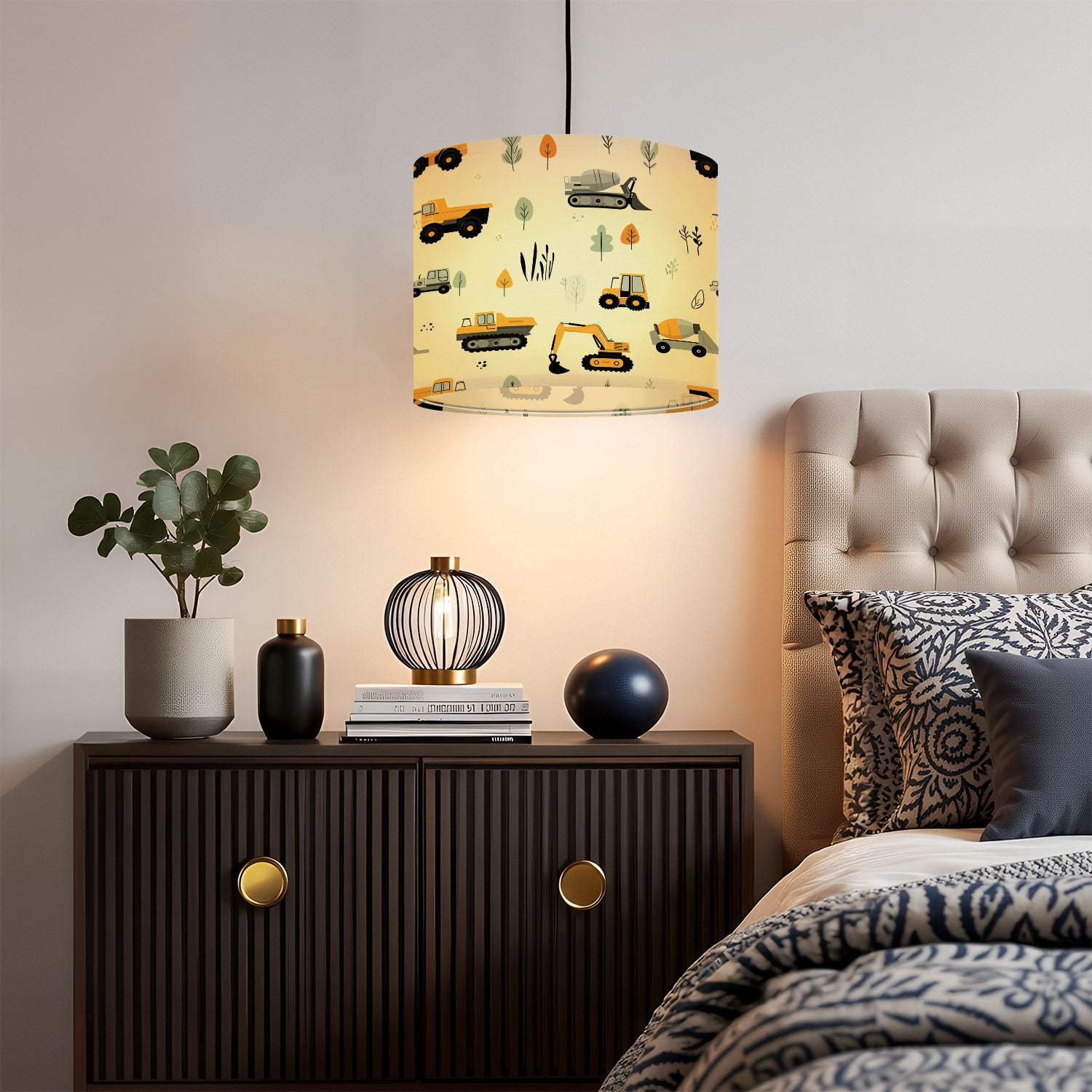 Boho Linen Drum Lampshades Cute children seamless construction machinery Cartoon hand 13"x13"x10" Light Shade for Table Lamps Floor Lamp Shades Lampshade Replacement Assembly Required