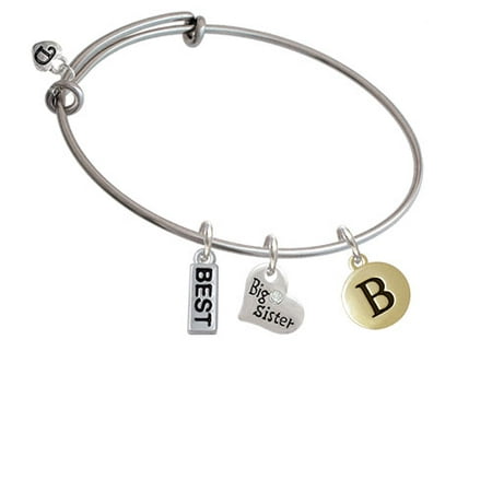 Capital Gold Tone Letter - B - Pebble Disc - Big Sister Heart Expandable Bangle (Letter To Guy Best Friend On Birthday)