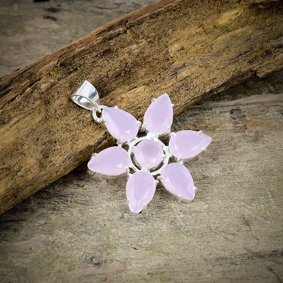 Pink Chalcedony Gemstone Handmade 925 Sterling Silver Jewelry Pendant 1.77"