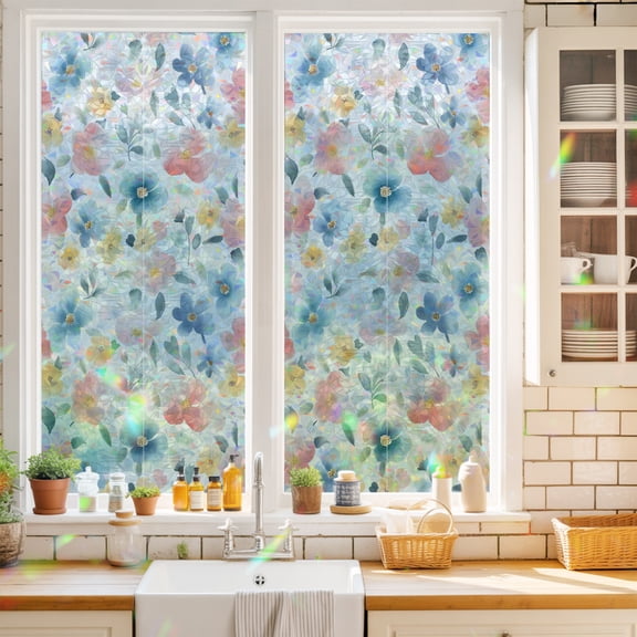 Abstract Ombre Wild Flowers Leaf Window Privacy Film,Decorative Windows Static Cling Cute Watercolor Floral Heat Control Removable Glass Sticker for Home Bathroom Bedroom Window Door,17.7x39.3in