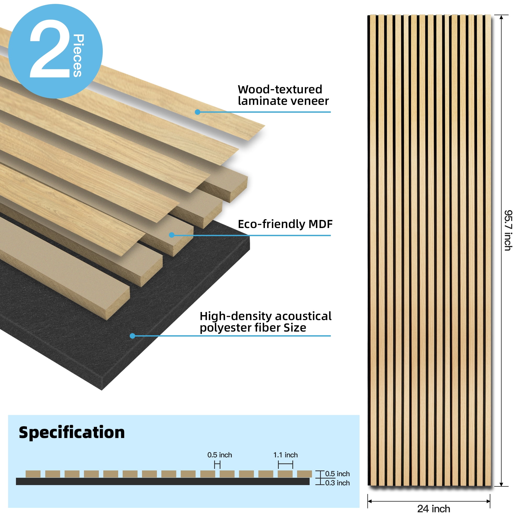 Art3dwallpanel 2PCS 95.7''x24'' Wood Slat Acoustic Panels, MDF 3D Decorative Wall Paneling,Oak,31.9 sq.ft.