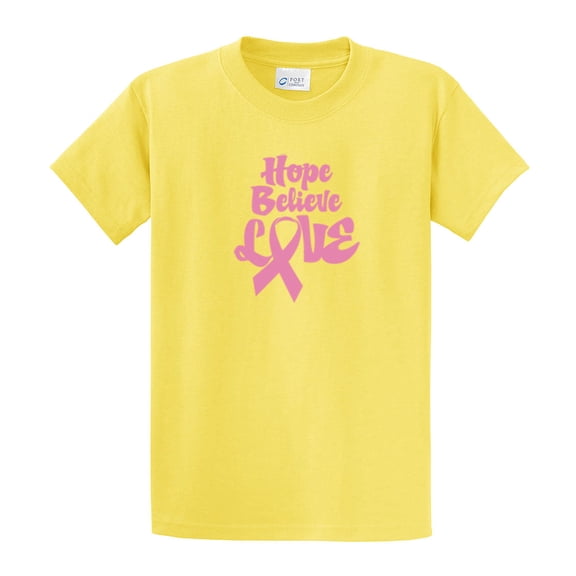 Cancer Awareness Short Sleeve T-shirt Hope Believe Love in Pink with Ribbon-Yellow-Large
