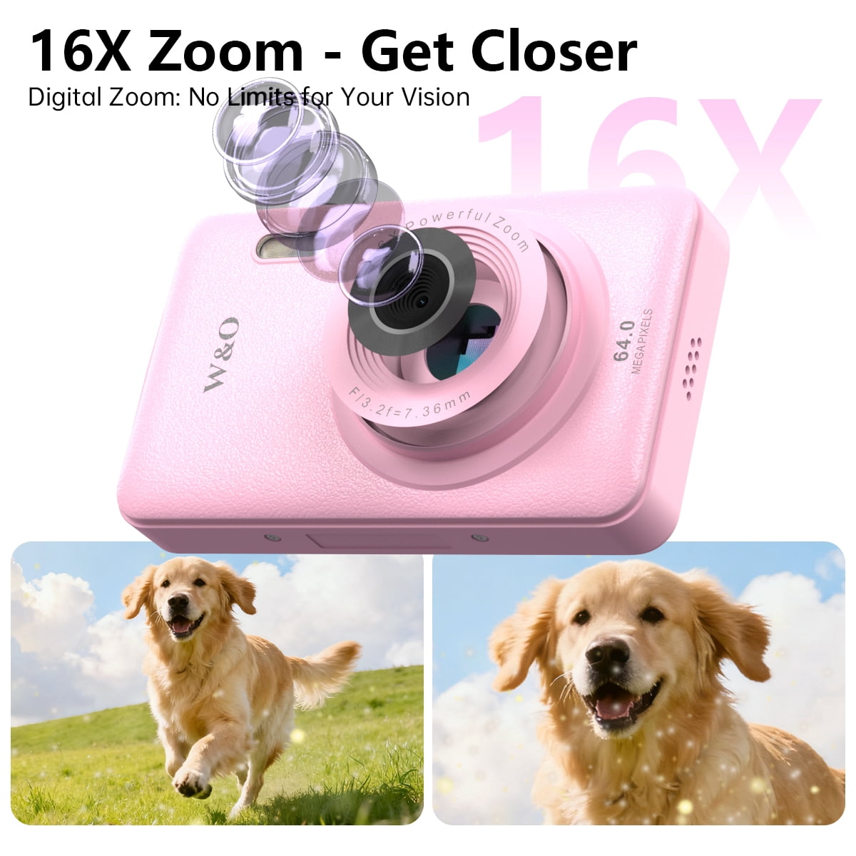 W & O Q3 Portable 16x Digital Zoom 48 MP CCD Point & Shoot Digital Camera with 32GB SD Card, Pink