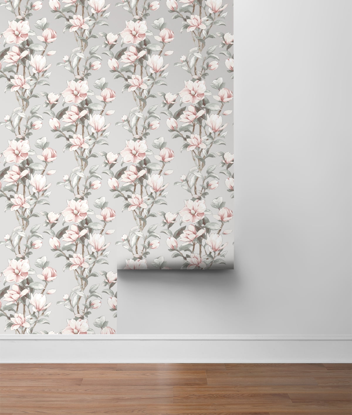 NextWall Metallic Silver & Petal Pink Magnolia Trail Peel and Stick Wallpaper