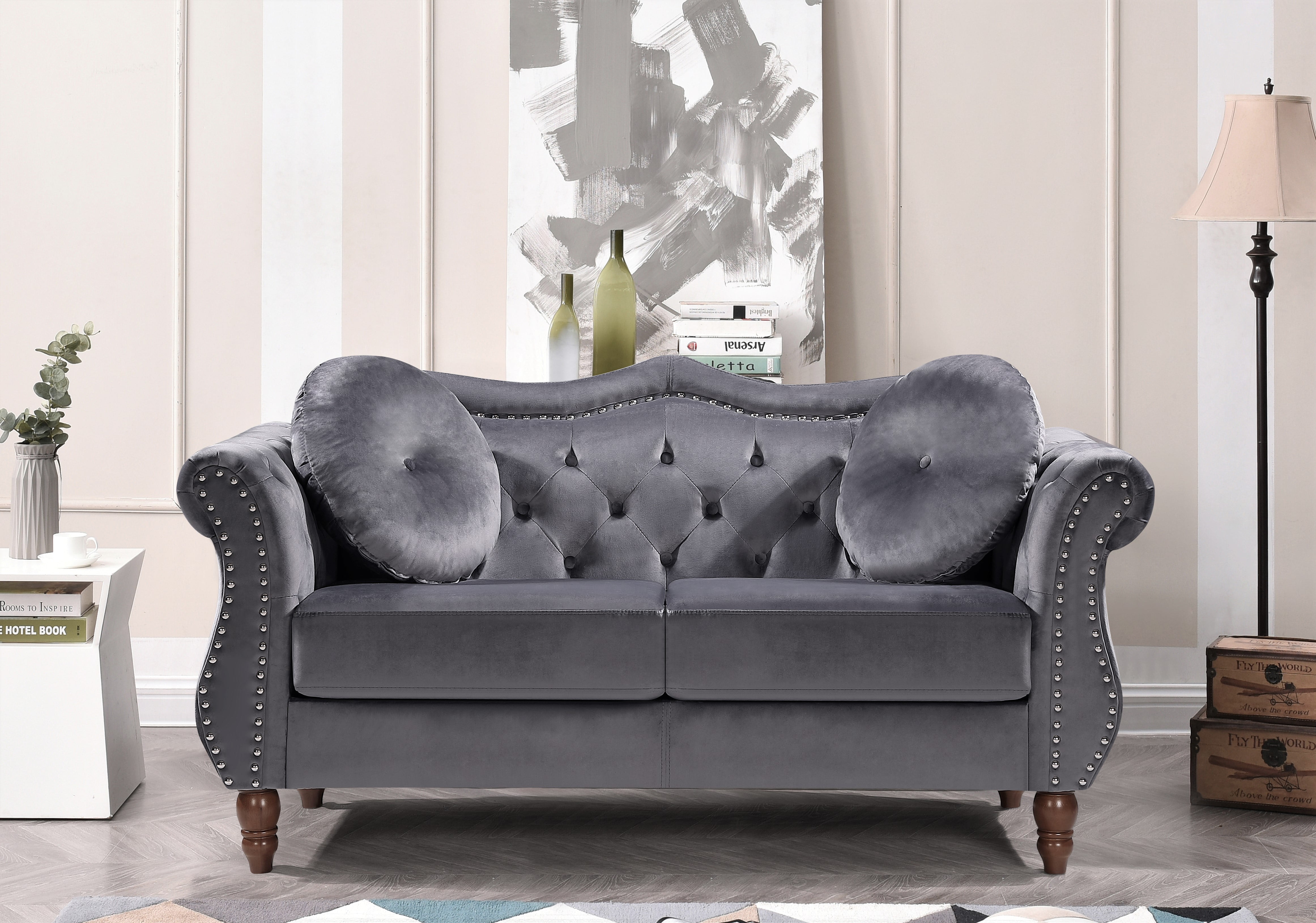 Uspridefurniture Tommy Chesterfield Velvet Loveseat,Gray
