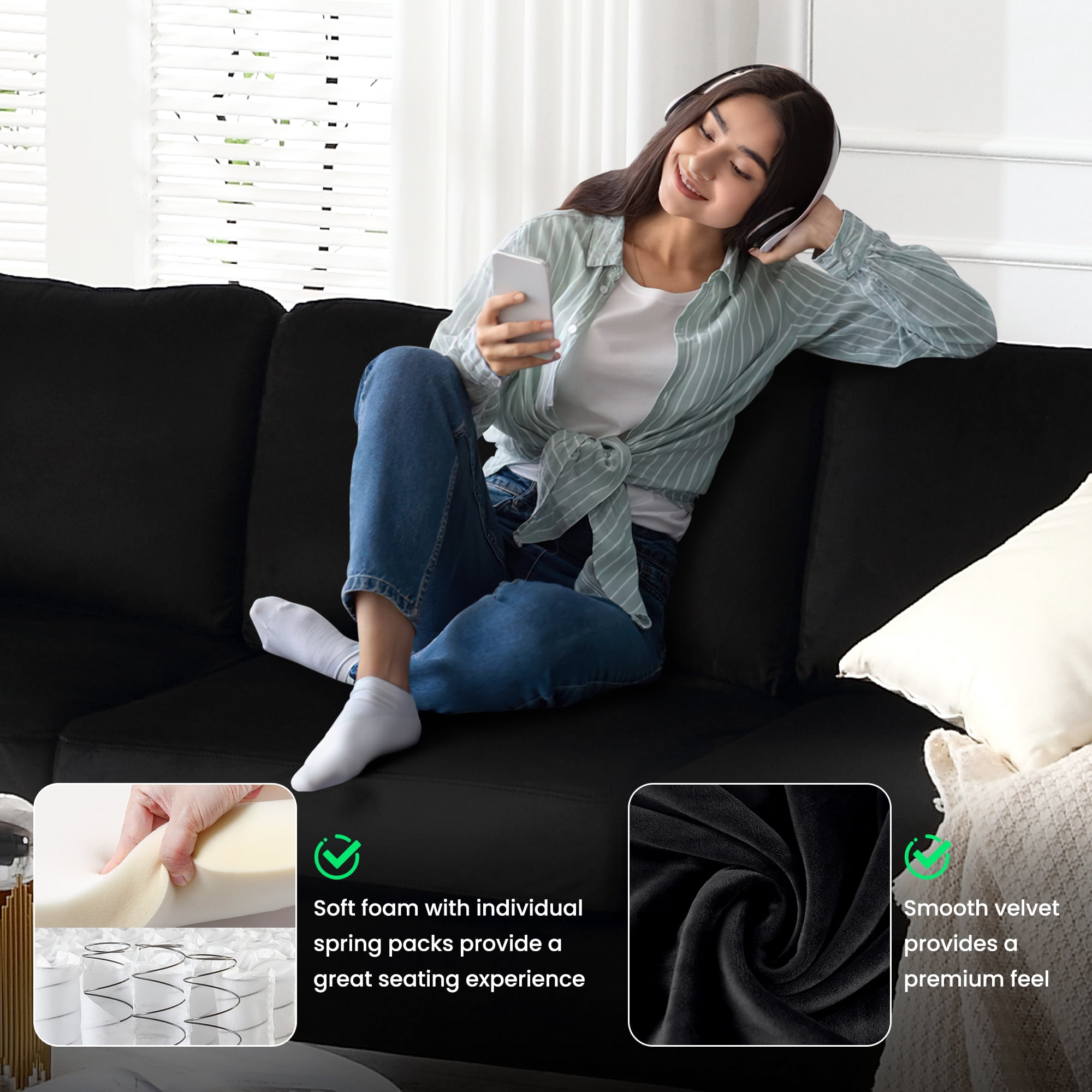 Muumblus Velvet 3 Piece Modern Living Room Furniture Sofa Set, Black