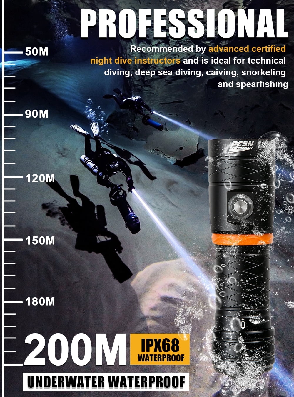 PFSN DF35B 3500 Lumen Scuba Dive Light, IPX68 Waterproof, USB Rechargeable Diving Flashlight, Black