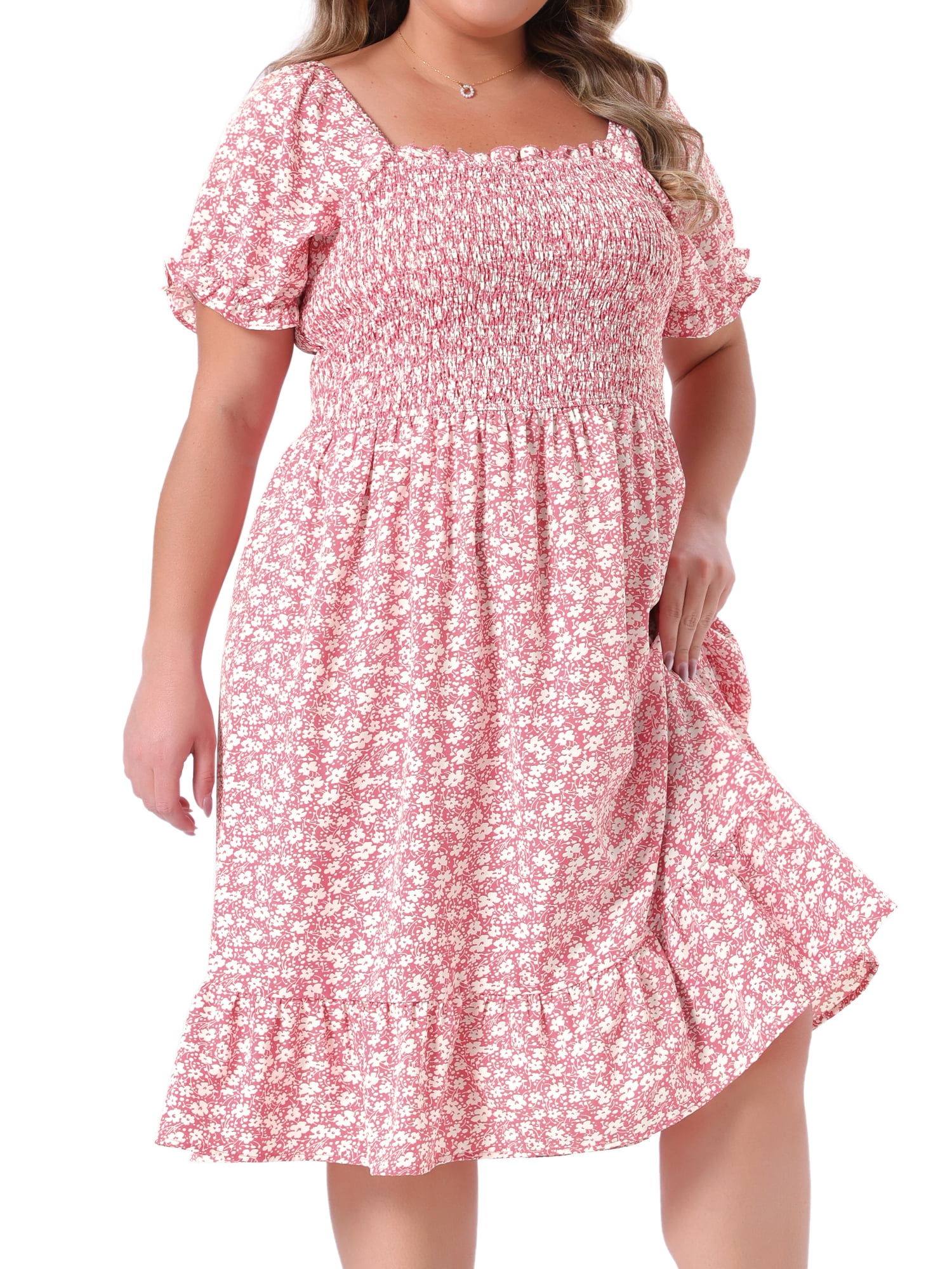 DARING DIVA Plus Size Flared Flowy Smock Ruffle Sleeve Floral Dress 1X Pink White