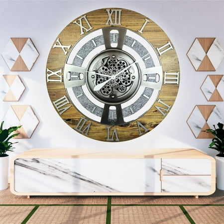 THE GEARS CLOCK Wall Clock with Real Moving Gears EN-LI_ 36 in Round Wood-Stone