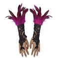 thumbnail image 2 of JFGHDG Women Gothic Lace Feather Wrist Cuffs, Fingerless Embroidered Costume Cuffs for Halloween Burlesque Carnival Party Dress‑up Hot Pink One Size, 2 of 4