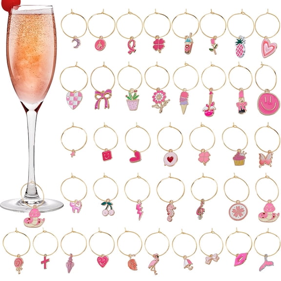 40Pcs Wine Glass Charms Assorted Pink Drink Identifiers Small Cute Drink Markers Metal Wine Glass Charms