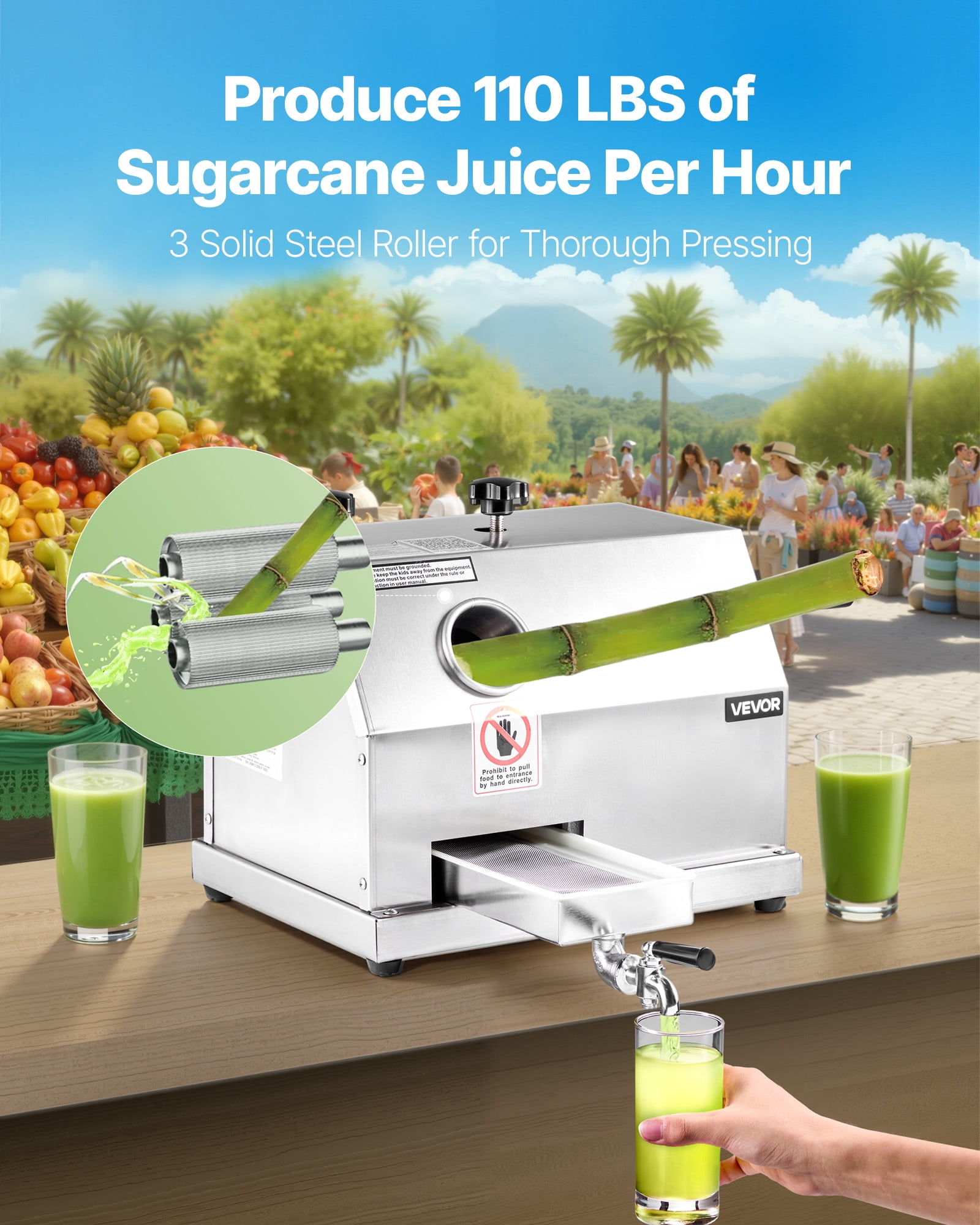 VEVOR Commercial Sugar Cane Juicer,110LBS/H High Output Sugarcane Juicer Machine with 3 Stainless Steel Rollers,2.4" Large Inlet,Manual Sugar Cane Press Juice Extractor Squeezer for Home/Commercial