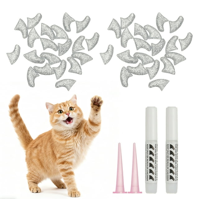 Uxcell Cat Nail Caps, Cat Claw Covers with Adhesive Glue and Applicators, Kitten Claw Caps Soft Paws, (40 Pcs, M, Crystal Silver), Intended for Pet Tips / Nail Covers / Control Paws