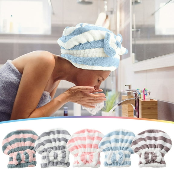 Fiber Hair Drying Cap, Velvet Bow Tie Head Wrap Towel, Striped Princess Shower Cap for Wet Hair, Super Absorbent & Quick Dry, for Shower, Spa, Makeup & At-home Hair Care Routine,Vsgery